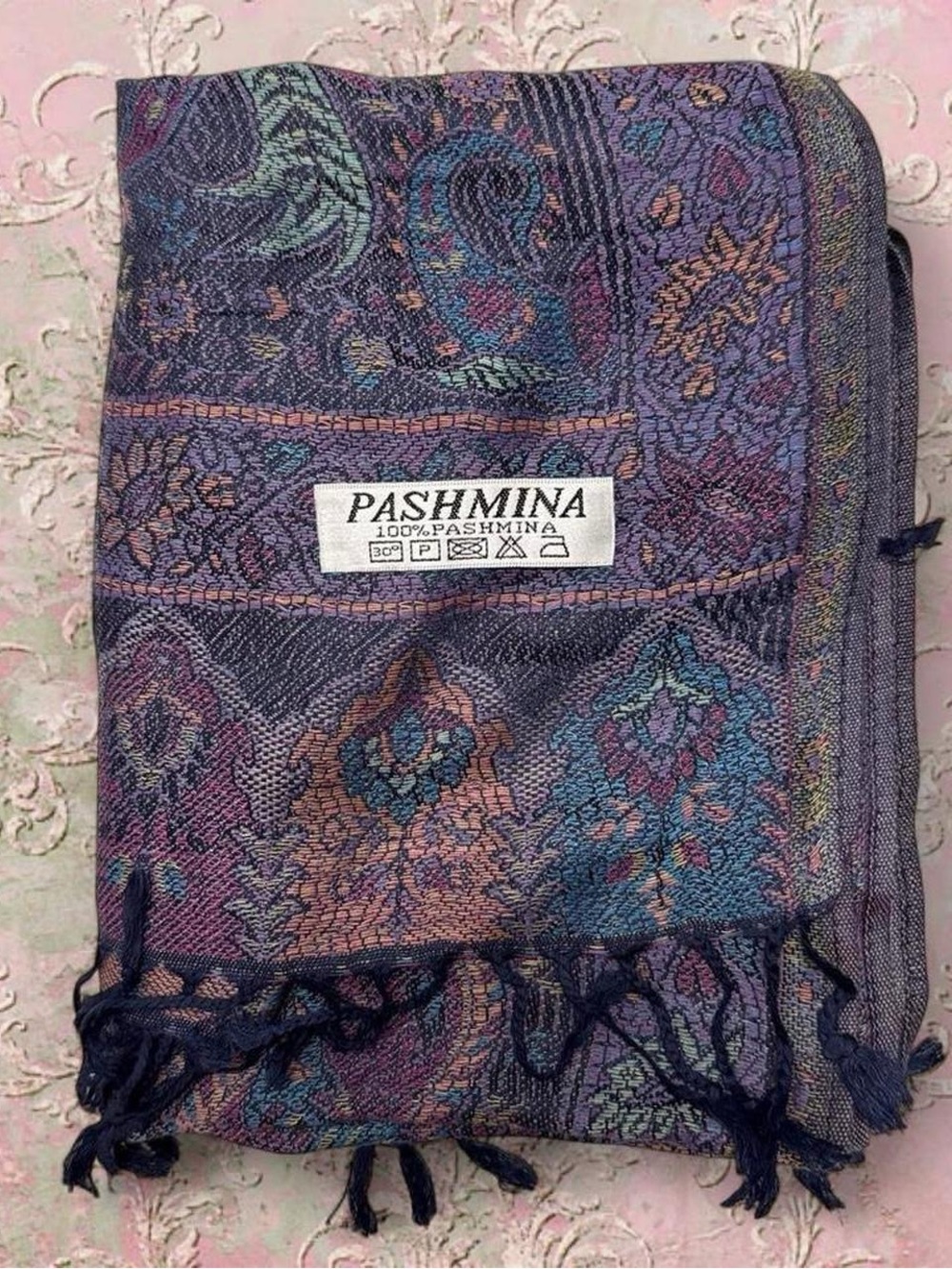 New | Limited Edition: Navy Blue Pastel Multicolor Pashmina Shawl